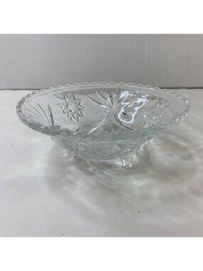 Anchor Hocking Crystal Glass Bowl Etched Starburst Pattern Ribbed Edge Vintage